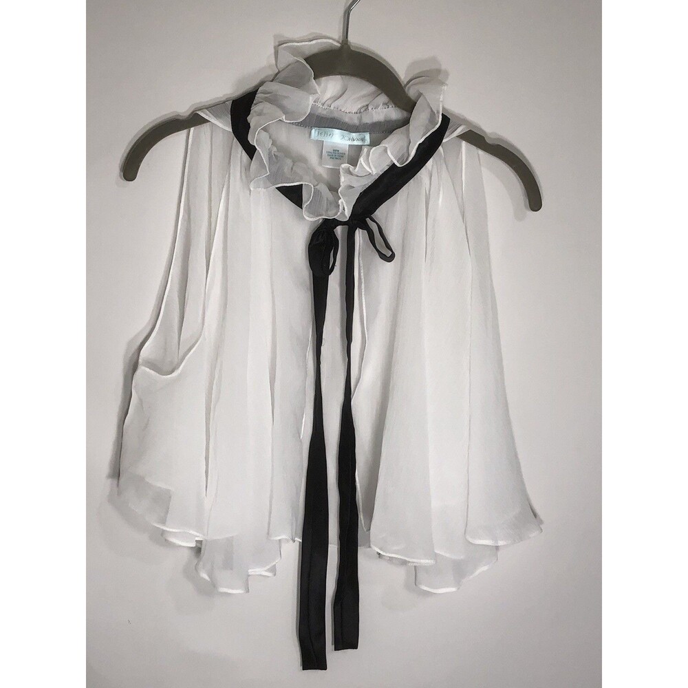 Betsey Johnson White Crêpe Ruffle Sleeveless Vest w/ Black Satin Ribbon OSFM S/M